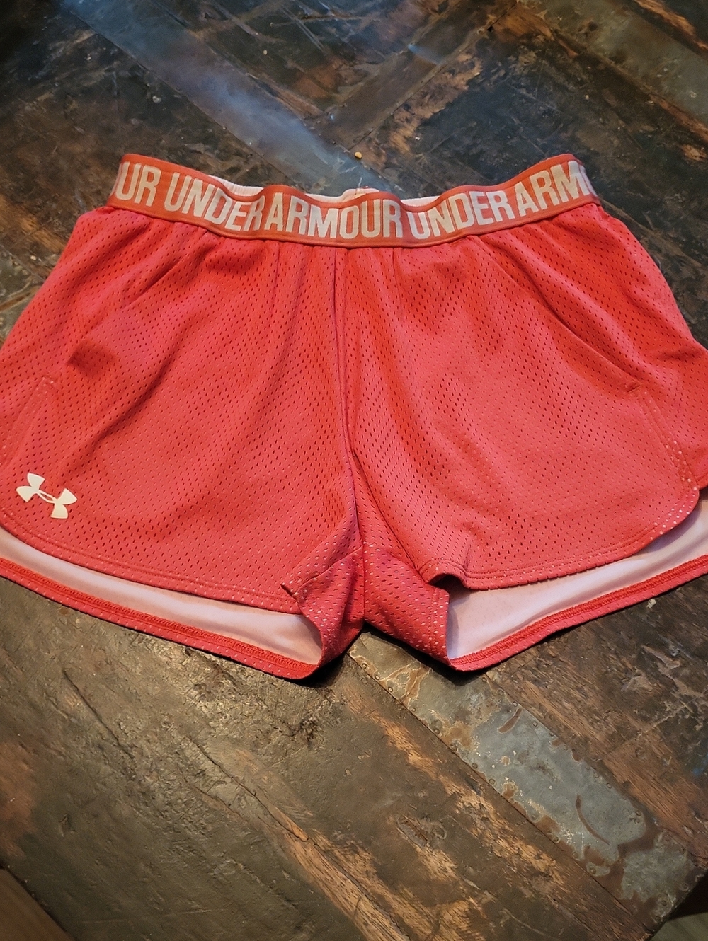 Under Armour Coral-Pink Mesh Athletic Shorts with Branded Waistband